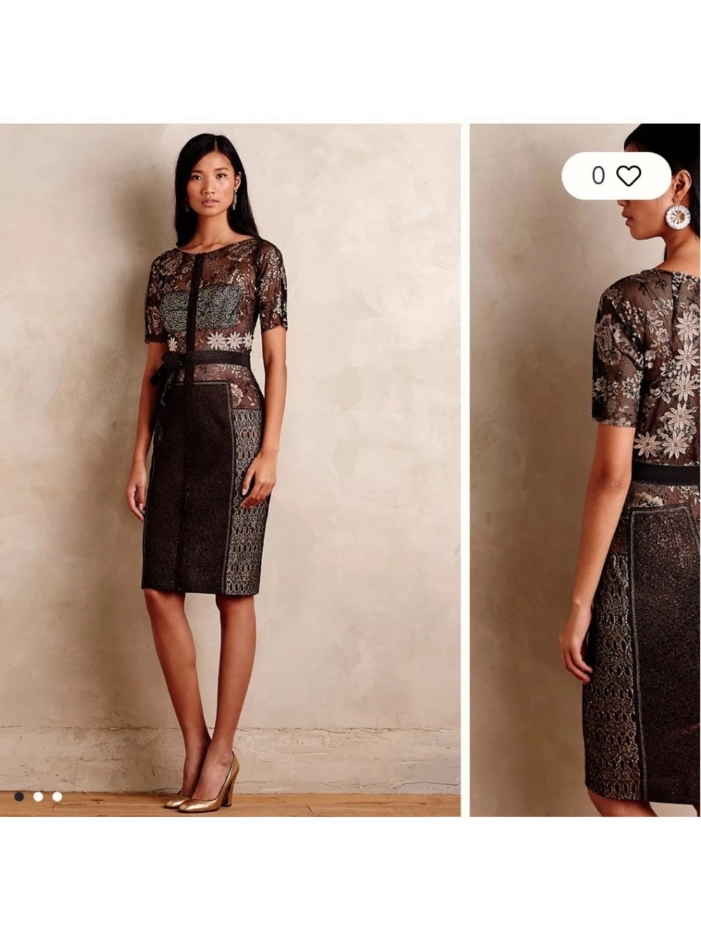 Anthropologie Byron Lars Beguile 8 Lace-Detail Brown Midi Dress with Floral Trim